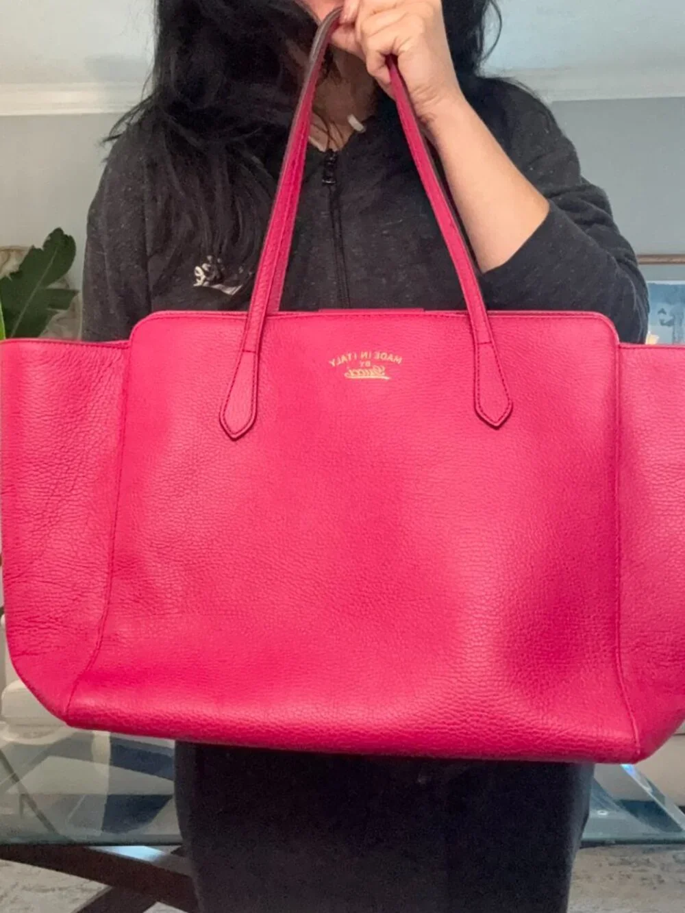 Gucci Swing Tote in Fuchsia Pink Pebbled Leather - large - Picture 10 of 14